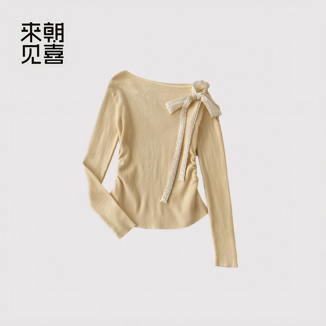 秋冬奶油黄长袖斜肩女设计感打底衫小众不撞衫针织韩版1915