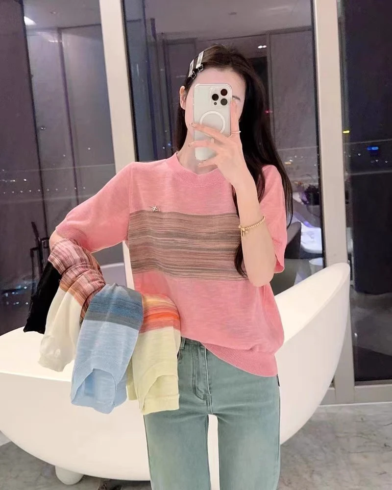 2024年夏季新款粉色法式彩色条纹薄款短款短袖竹节亚麻针织衫上衣