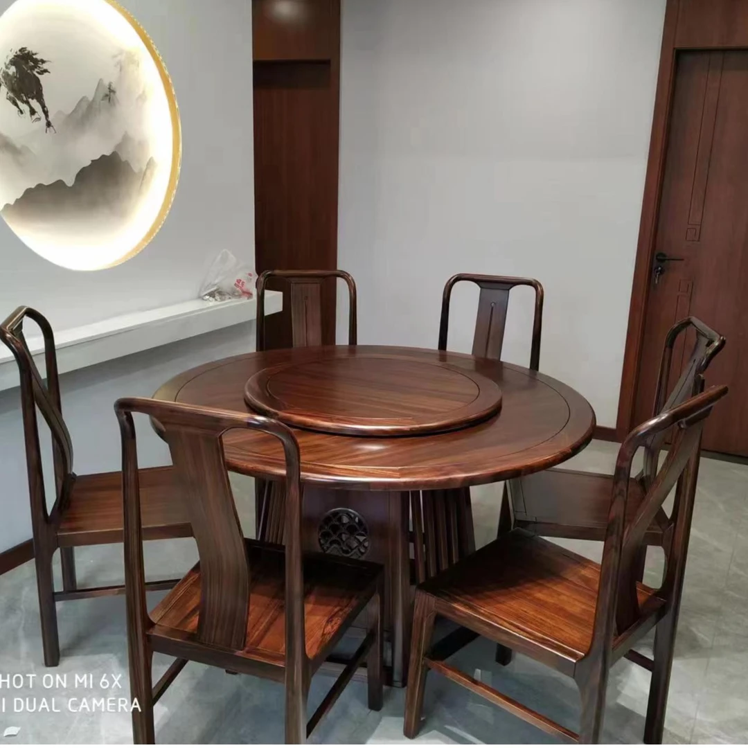 新中式餐厅餐桌家用圆形餐桌餐椅乌金木圆餐桌实木餐桌餐椅吃饭桌