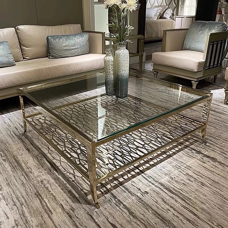 高档轻奢客厅茶几沙发双层咖啡桌大气玻璃台面咖啡桌方几家用桌子