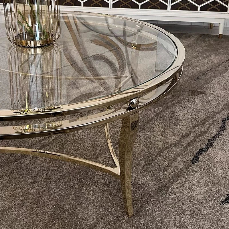 美式旋转客厅轻奢圆茶几不锈钢家用玻璃咖啡桌网红高端玻璃圆茶几