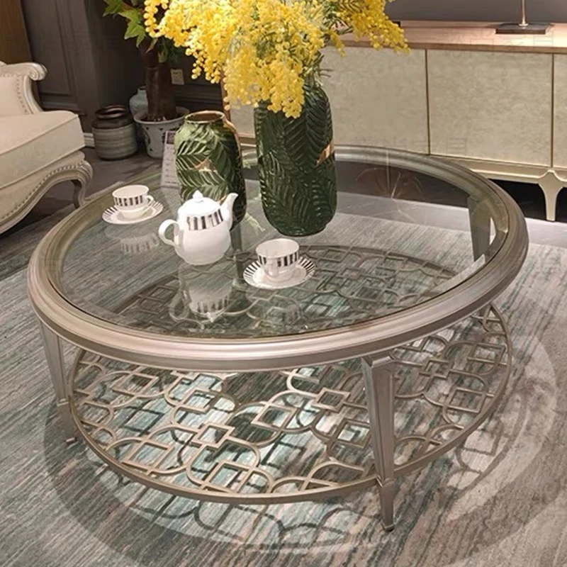 美式轻奢实木金属钢化玻璃圆茶几双层轻奢网红咖啡桌客厅家用圆形