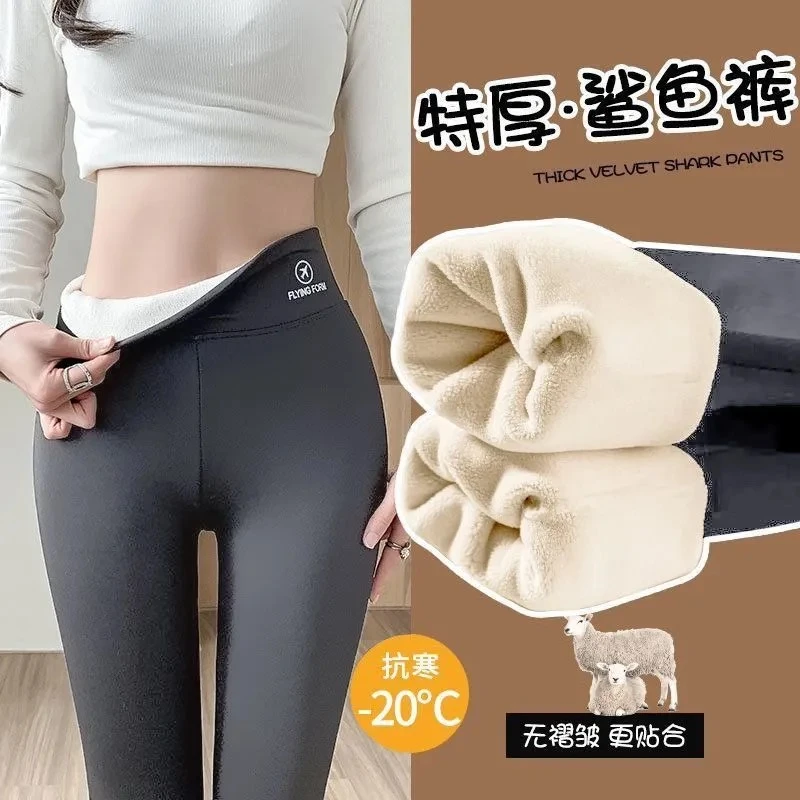 新款灰色鲨鱼裤女外穿秋冬加绒加厚塑形瑜伽打底裤羊羔绒保暖棉裤