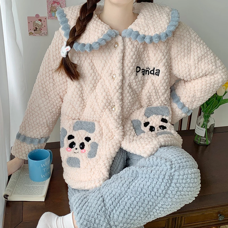 【工厂澈柜】睡衣女款秋冬季珊瑚绒加厚加绒三层夹棉保暖家居服