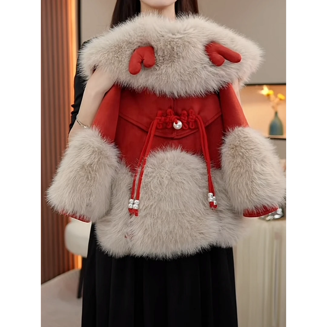 现货-女童装冬款2024新款红色洋气时髦毛毛领派克服外套