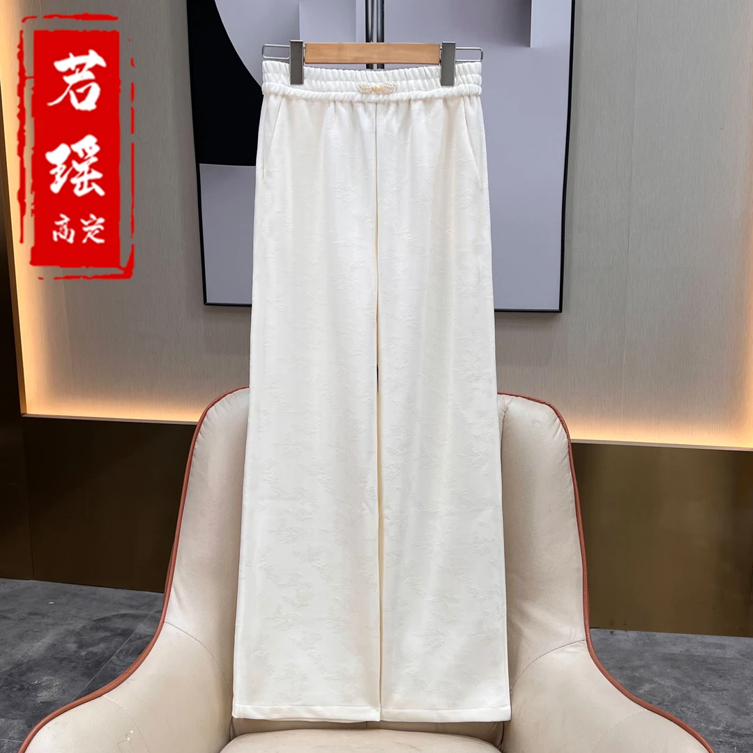 【云泽】国风休闲阔腿裤女新中式缎面提花显瘦直筒裤松紧腰长裤子