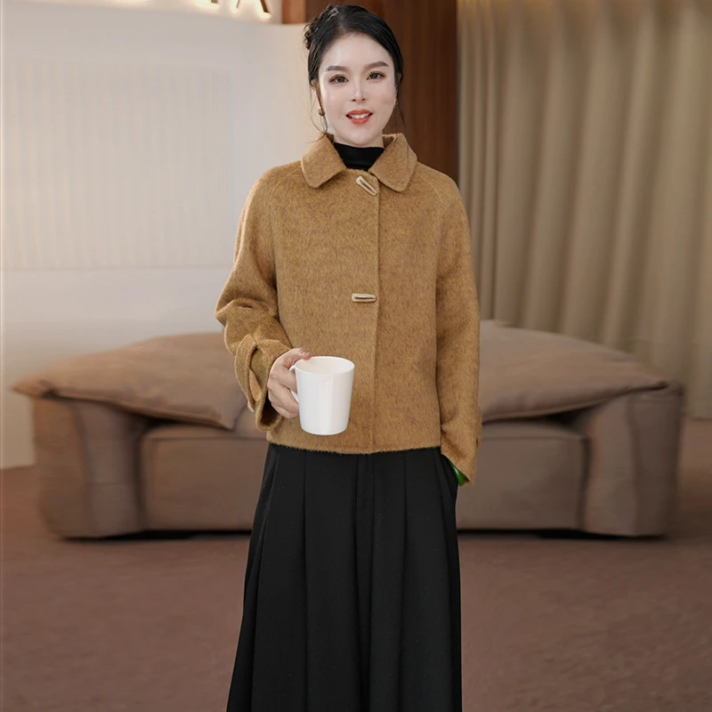 2024秋冬新款毛呢外套女时尚洋气休闲显瘦骆驼绒短款双面羊毛大衣