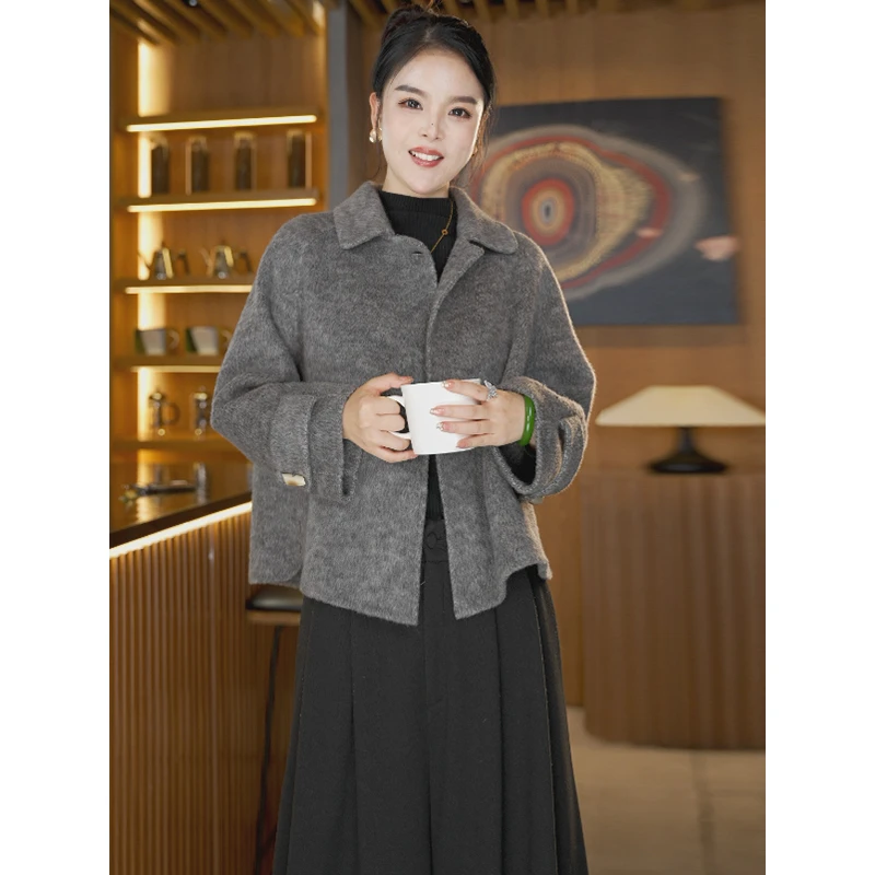 【真丝羊毛】流行双面呢大衣女中长款毛呢新款羊毛桑蚕丝兔毛外套