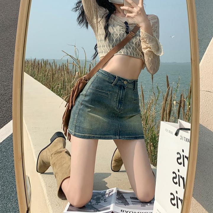 高腰牛仔短裙女夏季薄款2023年新款辣妹复古显瘦a字裙包臀半身裙