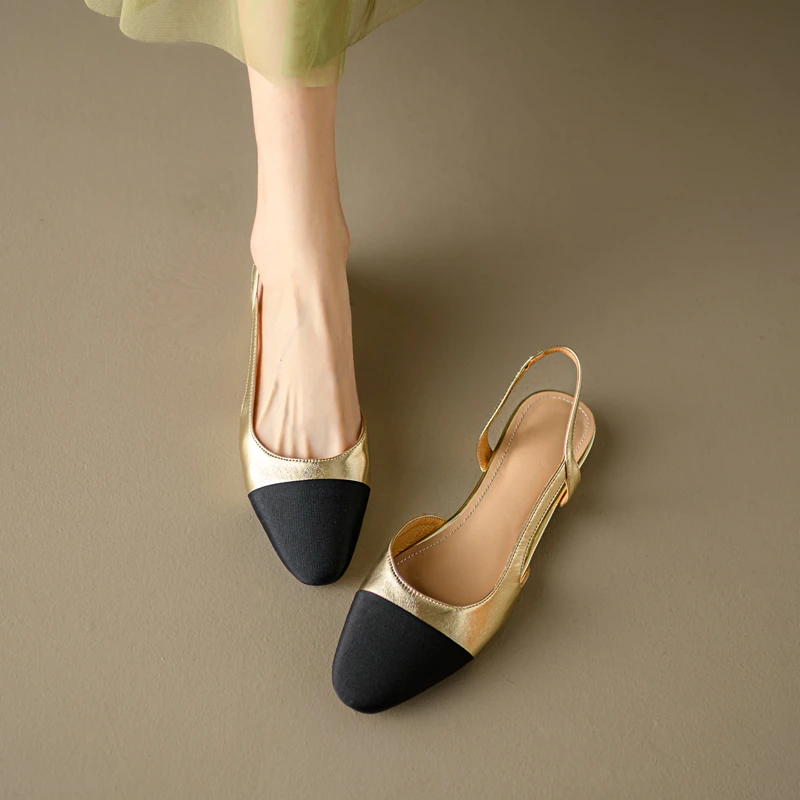 【GS】羊皮女凉鞋复古法式小香风粗跟方头浅法式女款方头粗跟凉鞋