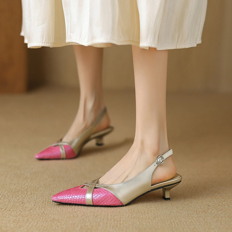小众拼色真皮包头凉鞋夏2024新款性感猫跟尖头高跟鞋法式真皮