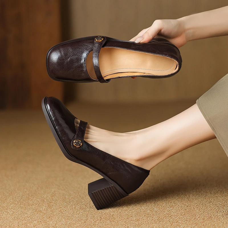 6.5CM，羊皮软底复古玛丽珍鞋粗跟英伦风休闲鞋真皮法式通勤高跟鞋