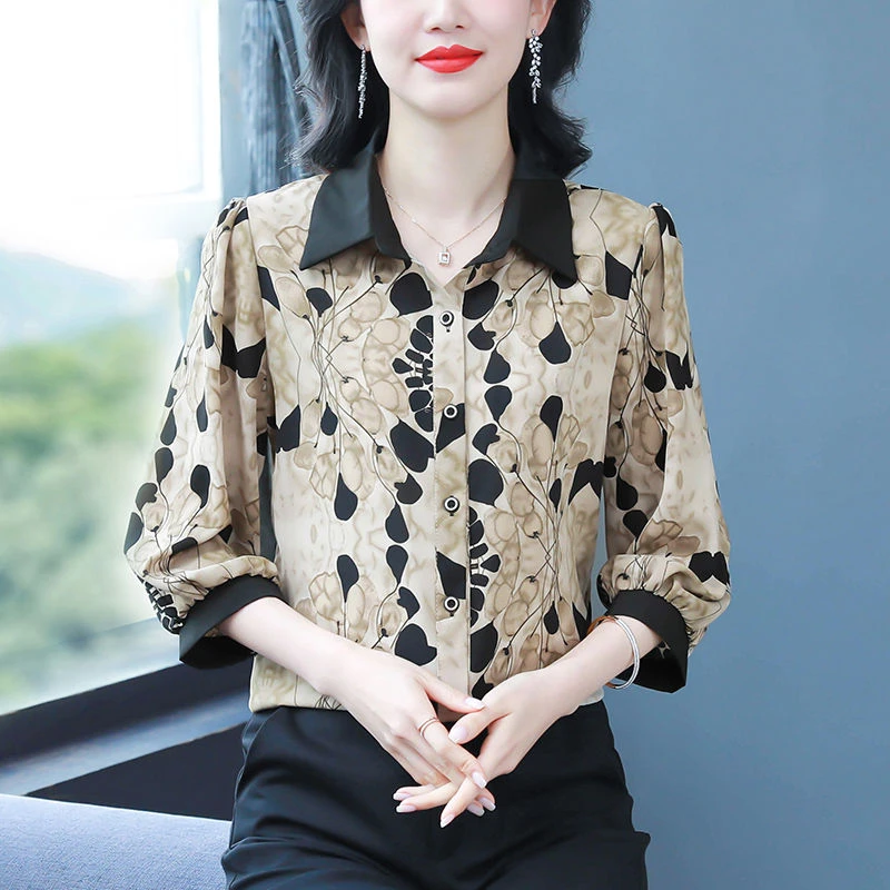 L064七分袖印花衬衫女2024春夏新款女装显瘦中袖衬衣减龄洋气上衣