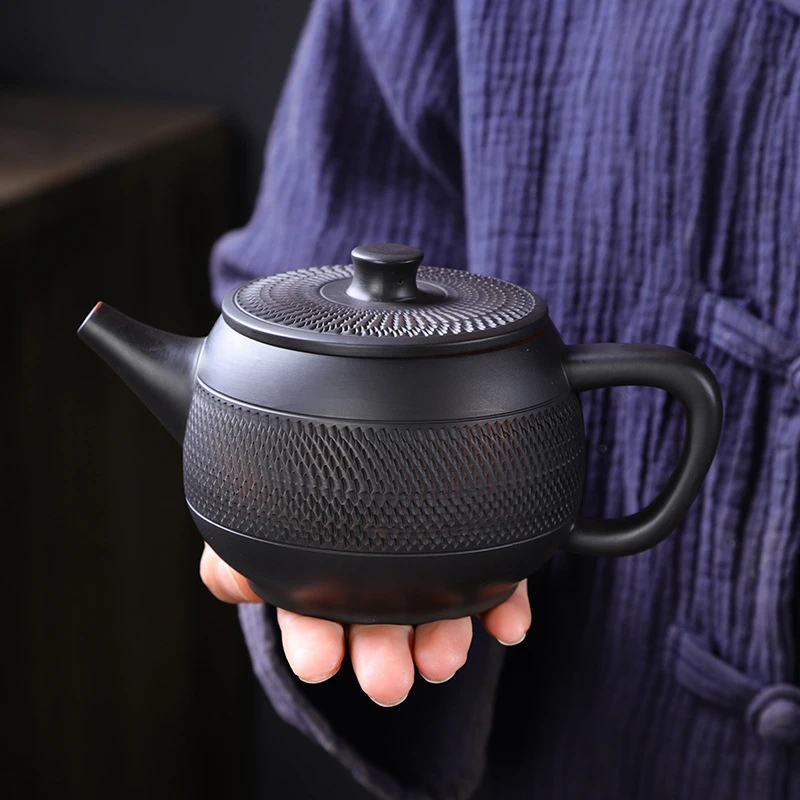 紫陶全手工跳刀纹凤鸣井栏壶家用茶具套装单人茶壶复古紫陶壶功夫