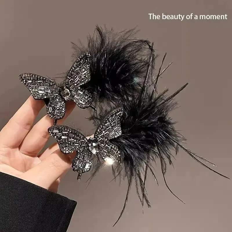 高端羽毛鸭嘴夹蝴蝶结毛毛发夹女前额刘海夹公主头发卡显发量边夹