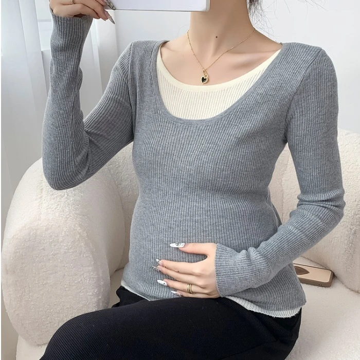 秋冬季孕妇打底衫圆领拼接假两件针织衫毛衣打底衣休闲弹力T恤潮