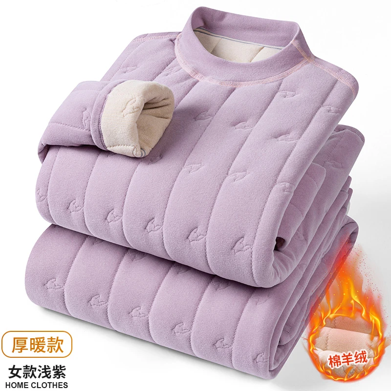 冬季绵羊毛女士保暖套装加绒加厚秋衣秋裤居家服内衣女士一整套装