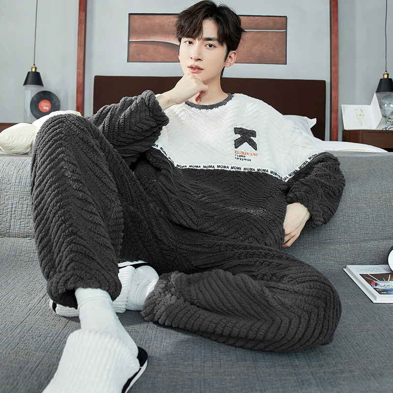 秋冬季睡衣男士长毛绒圆领套头长袖长裤可外穿舒适保暖家居服套装