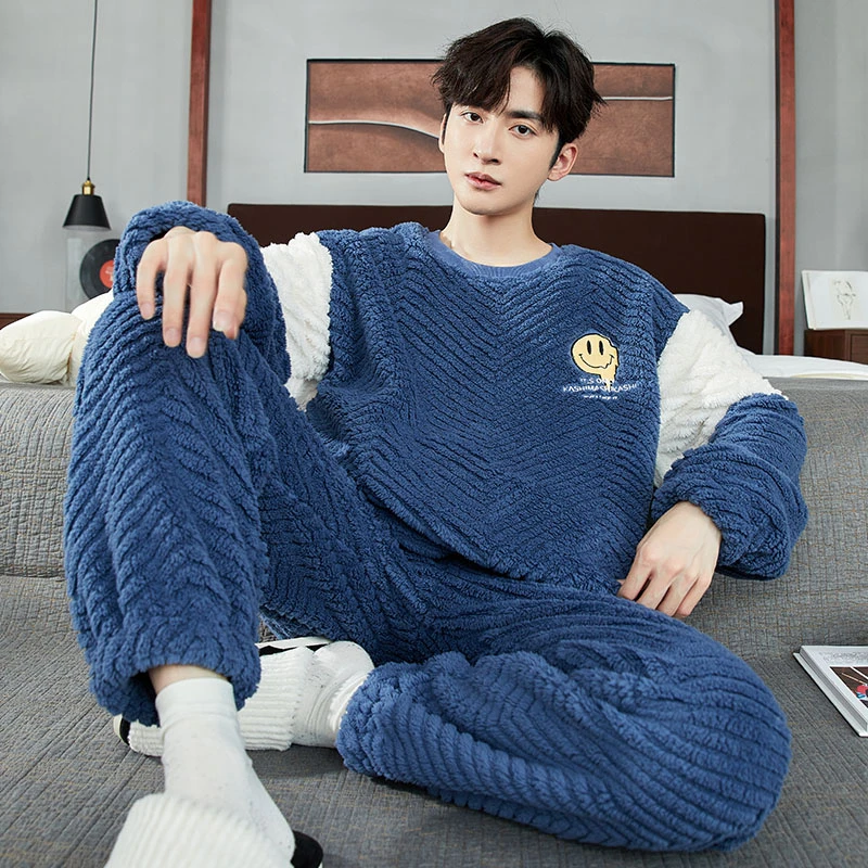秋冬季睡衣男士长毛绒圆领套头长袖长裤可外穿舒适保暖家居服套装