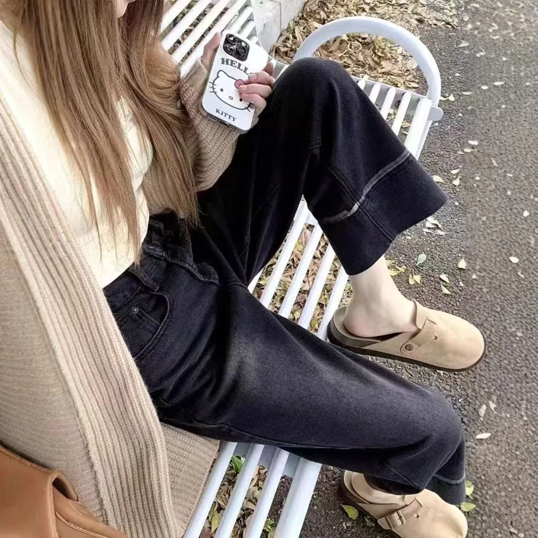 秋冬新款加绒牛仔裤女高腰显瘦直筒休闲九分裤高弹设计时尚