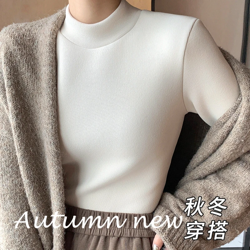 螺纹加绒半高领秋冬款打底衫女内穿加厚德绒中领保暖上衣百搭女士