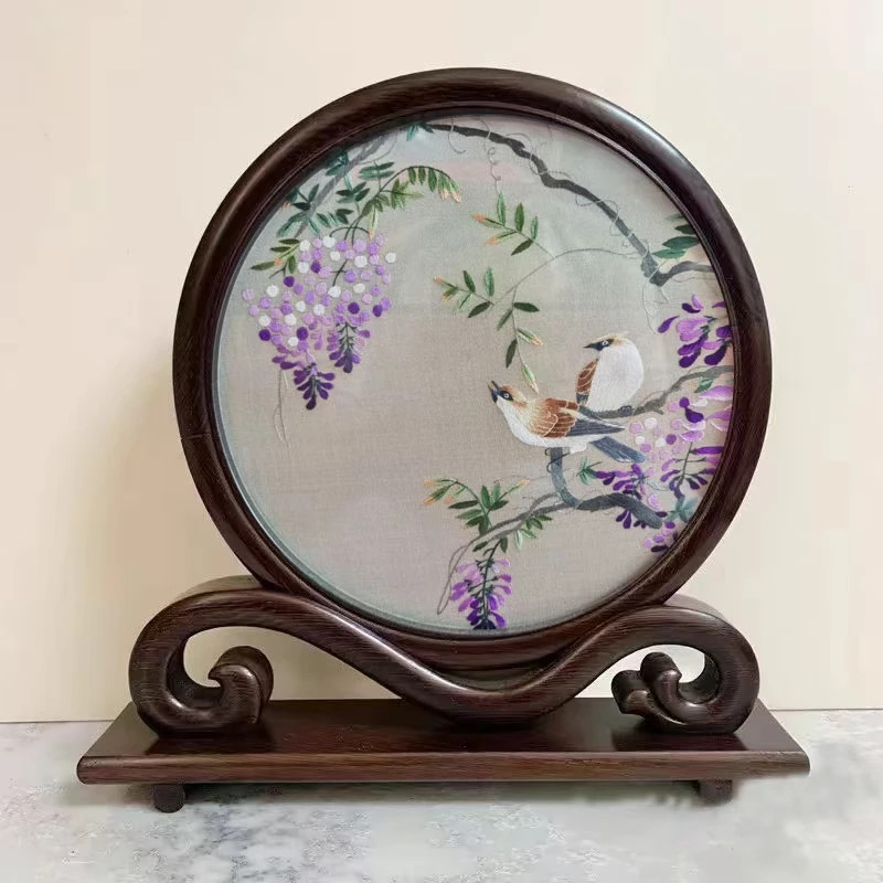 手工苏绣鸡翅木如意架精美摆件礼品玄关摆件工艺品纯手工中式