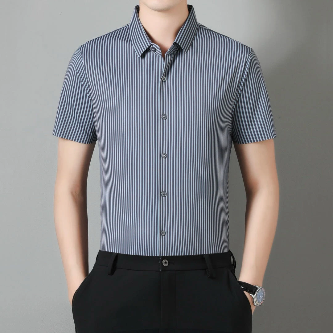 竖条双色0056短袖无痕免熨衬衣中年薄款男士商务衬衫休闲百搭夏季