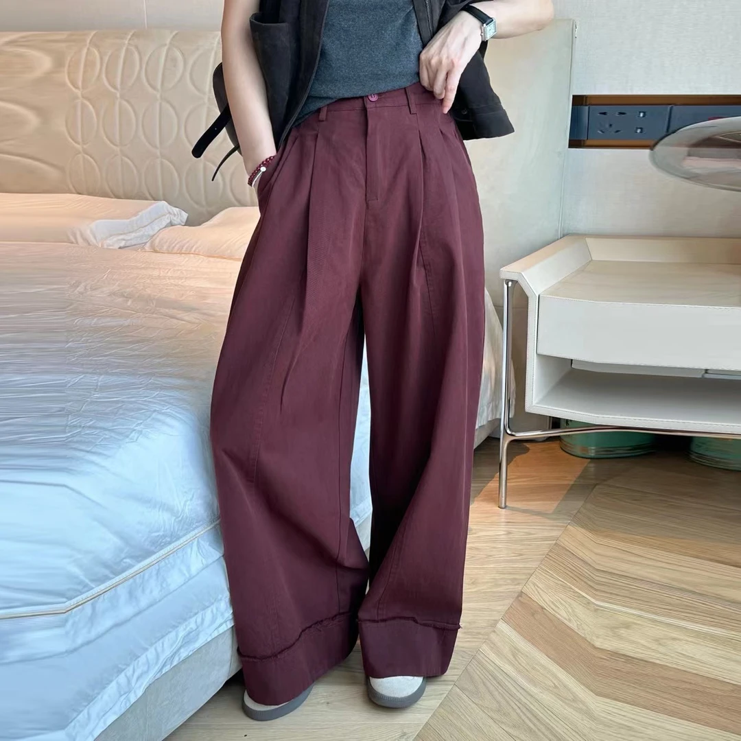 秋款韩版宽松复古百搭阔腿裤女休闲卷边高腰显瘦时尚直筒长裤子