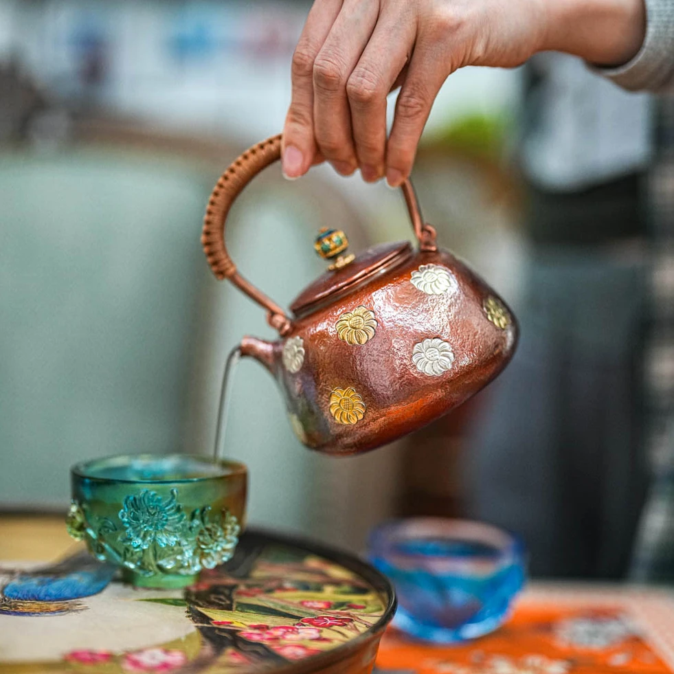 【奇居家饰】纯铜鎏金太阳花小提梁茶壶煮水铜壶400ml#030