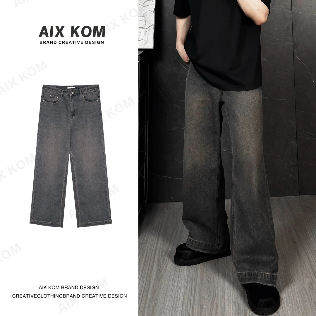 AIXKOM｜｜2025ins毛边牛仔裤泥染直筒时尚百搭复古破洞设计师水洗