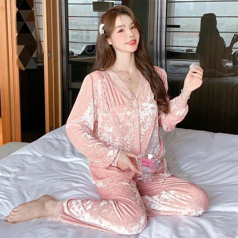 宽松金丝绒睡衣女春秋长袖长裤潮流感V领休闲可外穿家居服两件套
