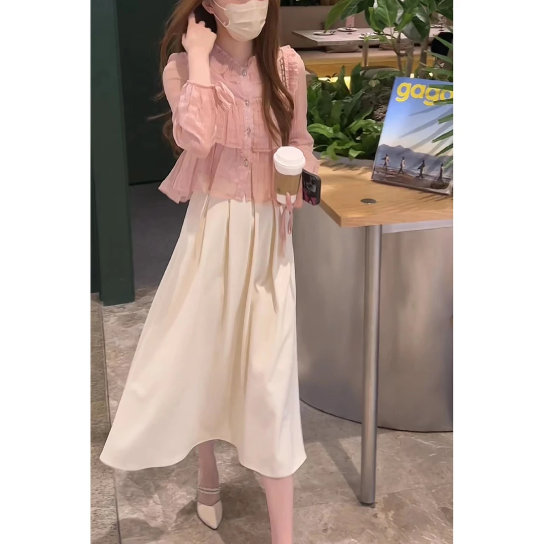 【伊舞】长袖防晒衬衫秋夏季上衣木耳边甜美荷叶边小衫衬衣百搭小众