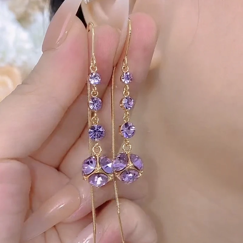 锌合金耳饰 超仙紫色钻球流苏耳线气质百搭耳环奢华显脸瘦耳饰品