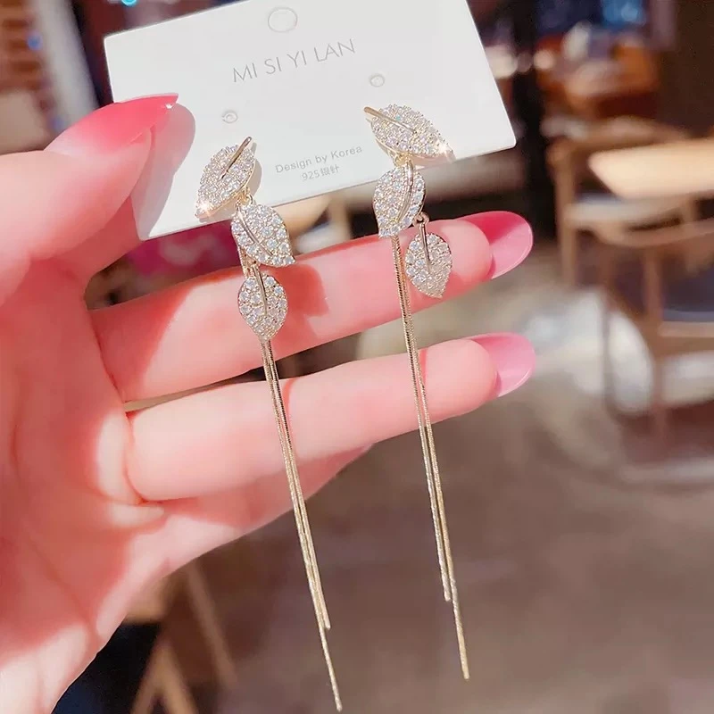 锌合金耳饰 满钻树叶长款两戴流苏耳坠女网红个性百搭显瘦耳饰