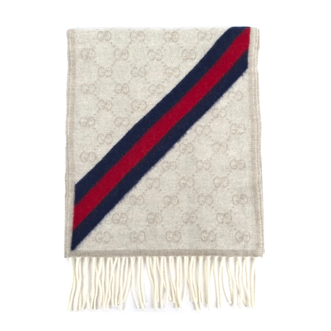 全新未使用 GUCCI/古驰 双G流苏斜条纹羊毛围巾保暖情侣秋冬加厚