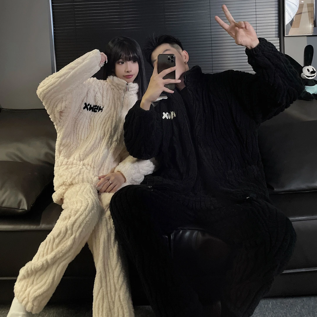 情侣睡衣女珊瑚绒冬季加绒加厚法兰绒睡衣男简约可外穿套装家居服