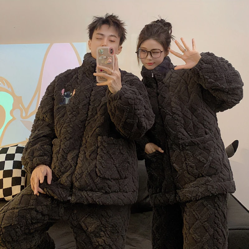 情侣睡衣女秋冬款珊瑚绒三层夹棉袄加厚加绒男士法兰绒拉链家居服