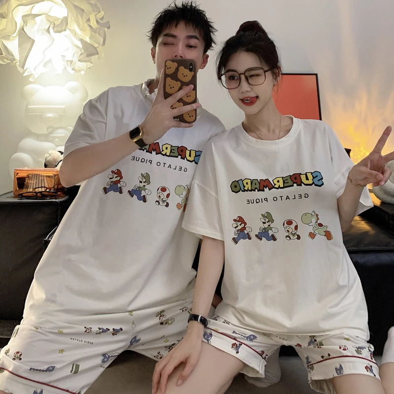 情侣睡衣女士韩版夏季短袖纯棉男士圆领简约潮牌可外穿家居服套装