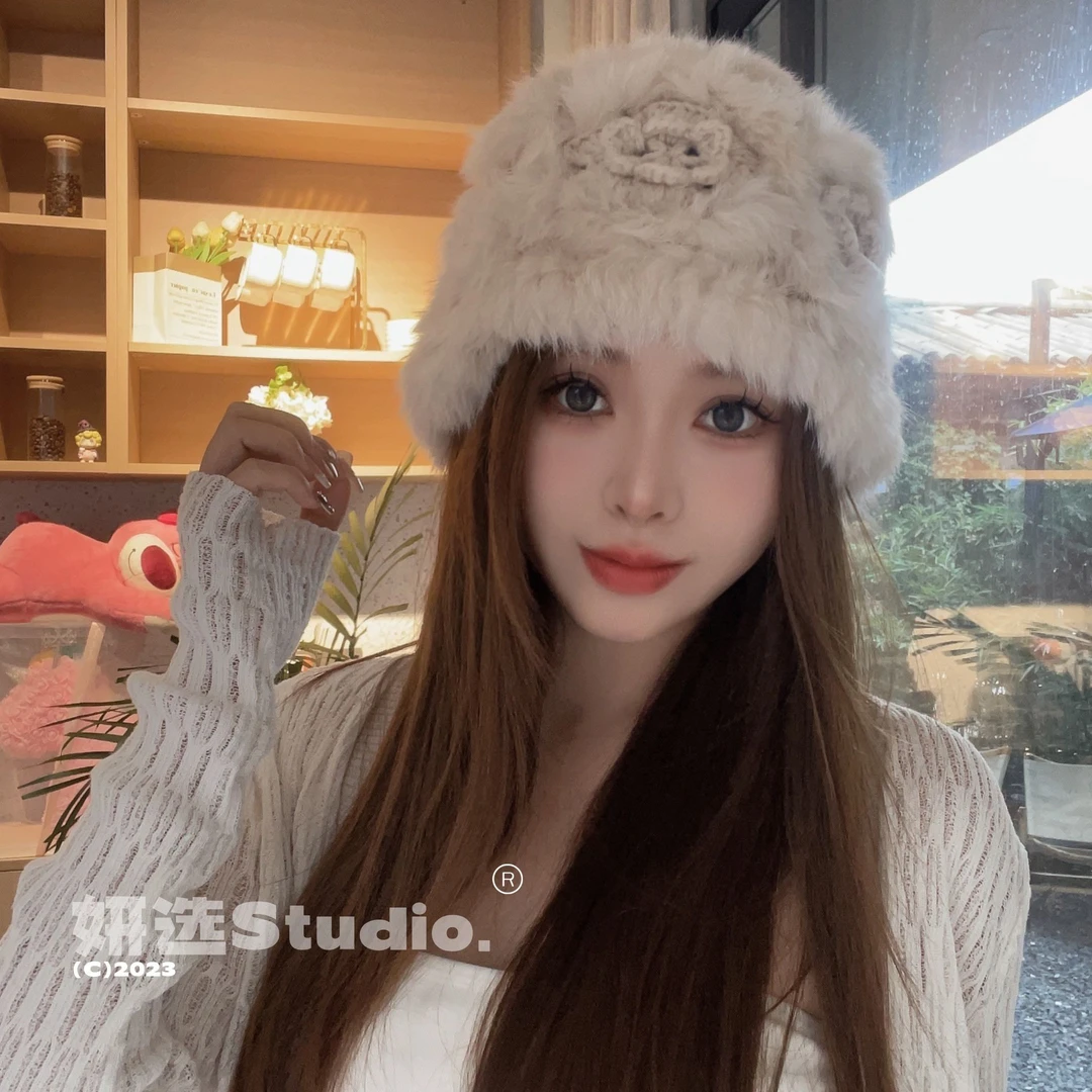 【花蕊】新款手工钩花兔毛帽子女显脸小秋冬毛绒百搭防寒保暖针织