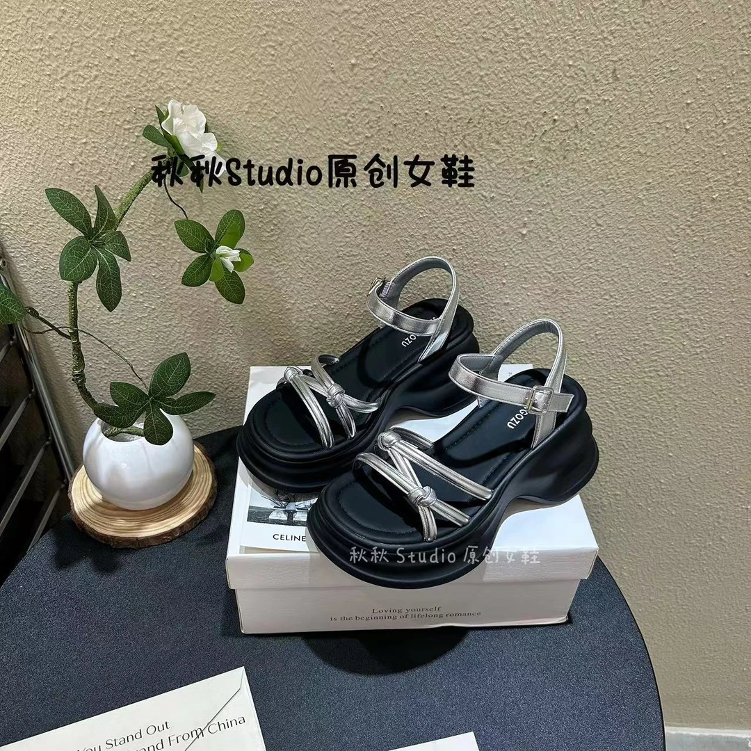 【米秋秋】小个子厚底一脚蹬夏季绑带女士凉鞋软底软面夏外穿