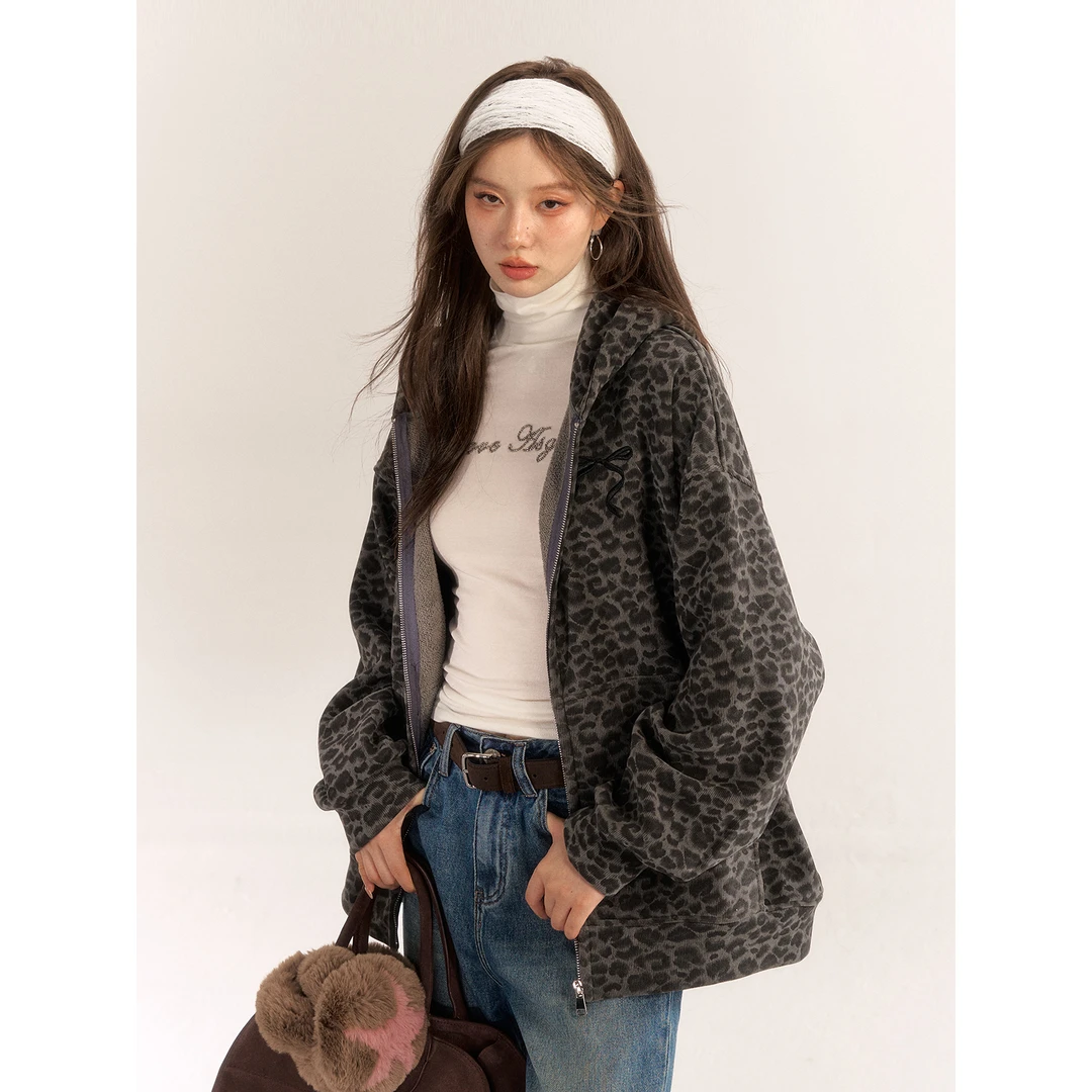 Asgony美式复古刺绣蝴蝶结豹纹连帽卫衣女秋季气质高级感宽松外套