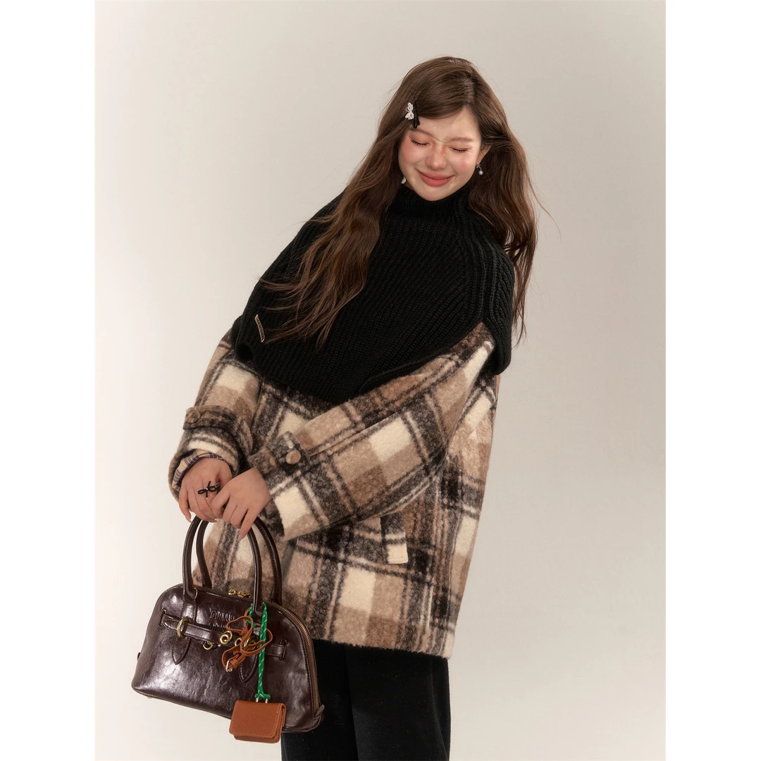 AsGony 格纹毛衣围脖加绒保暖呢子短外套