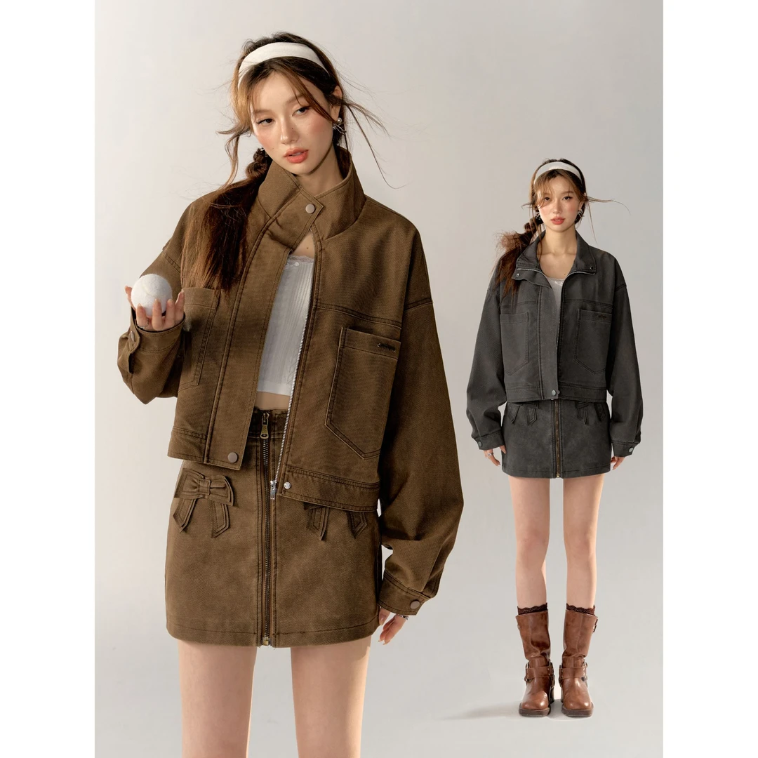 4483 AsGony 蝴蝶结高腰A字牛仔半身裙贴布工艺拉链设计感裙子