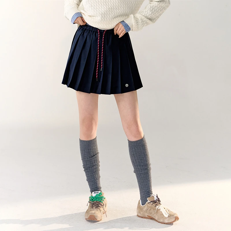 AsGony简约百搭松紧腰抽绳百褶半身裙