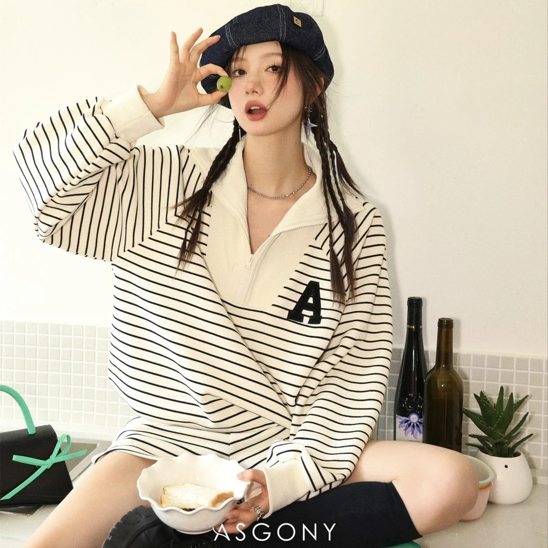 AsGony  春夏经典慵懒风翻领字母宽松休闲条纹卫衣短裤两件套装