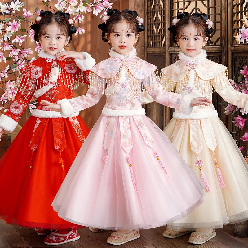 A931女童旗袍加绒保暖中国风连衣裙小女孩公主裙唐装套装裙子