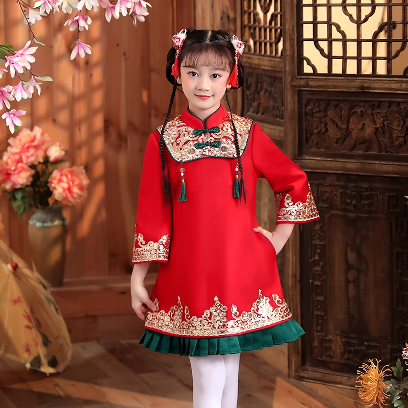 S1109女童旗袍加绒儿童装古风中小童女宝宝公主裙加厚唐装连衣裙