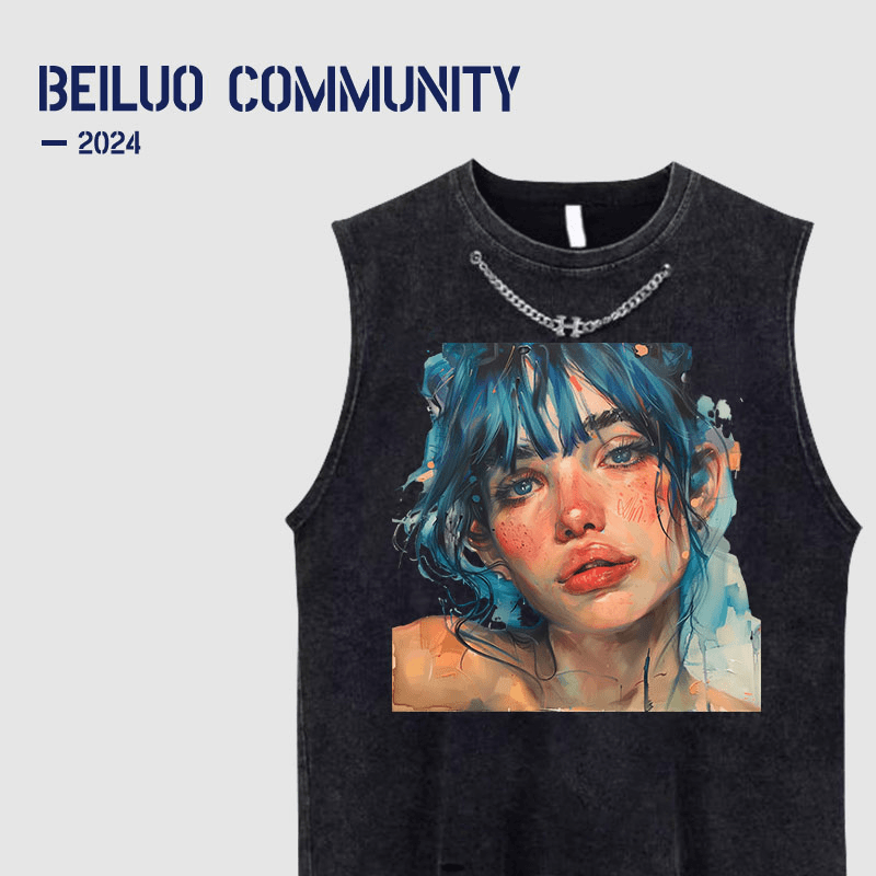 q.c.l 日系夏季印花水洗做旧无袖T恤男女2024新款潮流运动宽松休闲背心