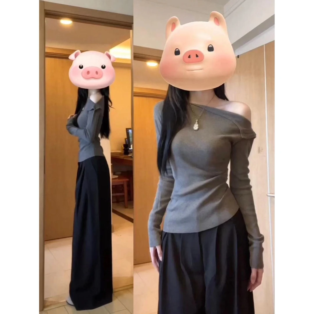复古灰色露肩针织衫女春季修身显瘦别致休闲百搭气质长袖上衣2581