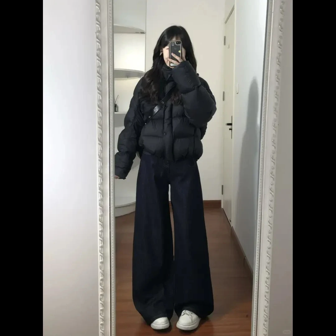 秋冬新款韩系穿搭高级感黑色棉服外套女高腰牛仔裤显瘦两件套2786
